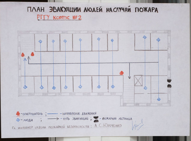 Plan of people evacuation in case of fire. RSUH building № 2
